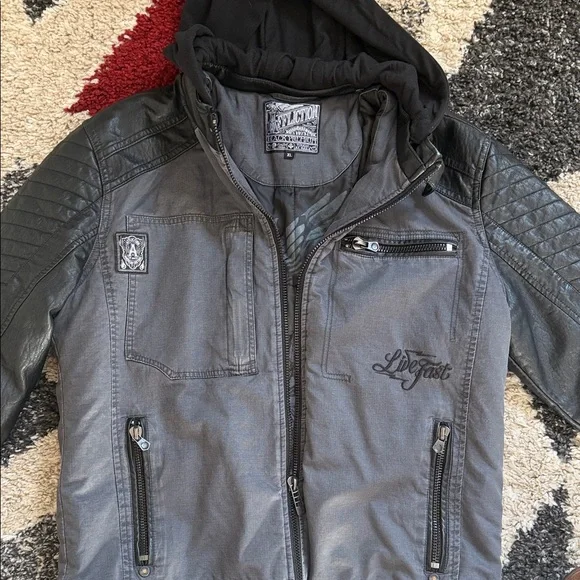 Affliction Charcoal and Black leather Jacket - Picture 1 of 10